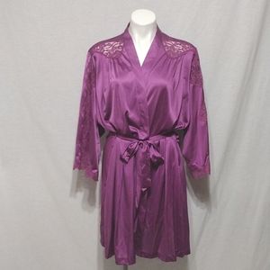 Miss Elaine Vintage Boudoir Purple Satin Lace Trim Belted Kimono Robe Large USA
